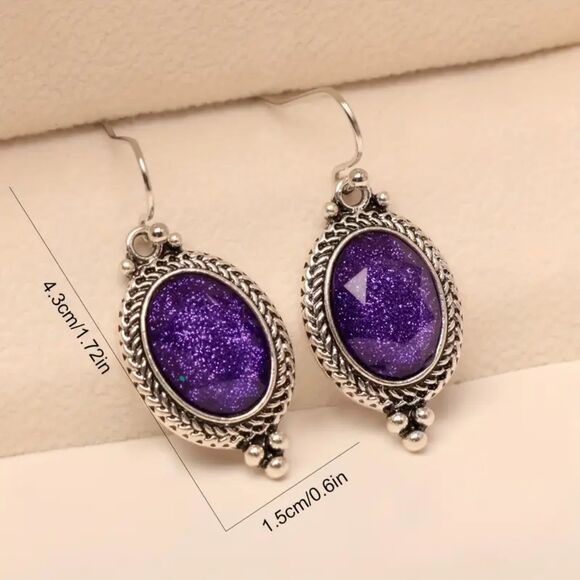 Silver Vintage Style Purple Oval Drop Earrings Dangle Pendant Fshion Jwlry Retro - Picture 3 of 6